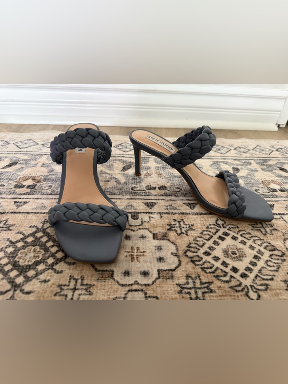 Steve Madden Braided Double-Strap Heeled Mules in Gray